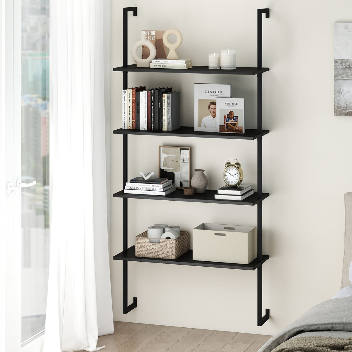 4-Tier Ladder Shelf Open Wall Mounted Bookcase with Wooden Boards and Metal Frame-Black
