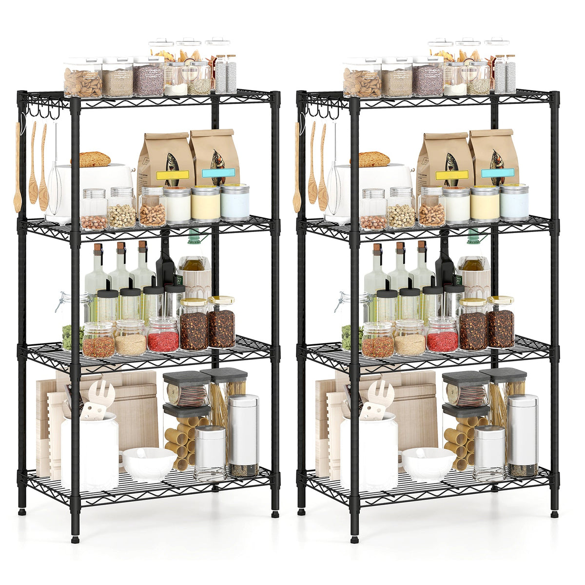 4-Tier Metal Storage Shelving Unit Set of 2 with V-Shaped Wire Rack-Black