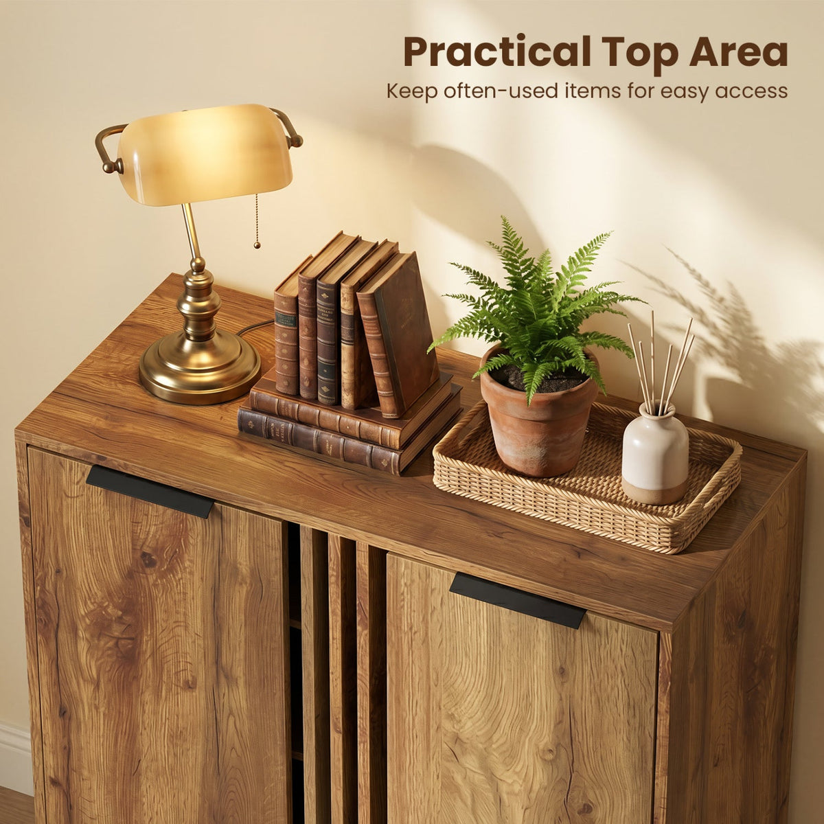 4-Tier Shoe Cabinet with 2 Doors - Natural Wood Finish