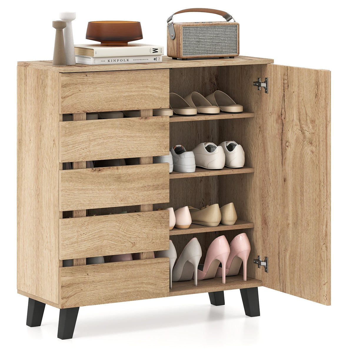 4-Tier Shoe Cabinet 2-Door Storage Organizer with Louvered Door-Natural