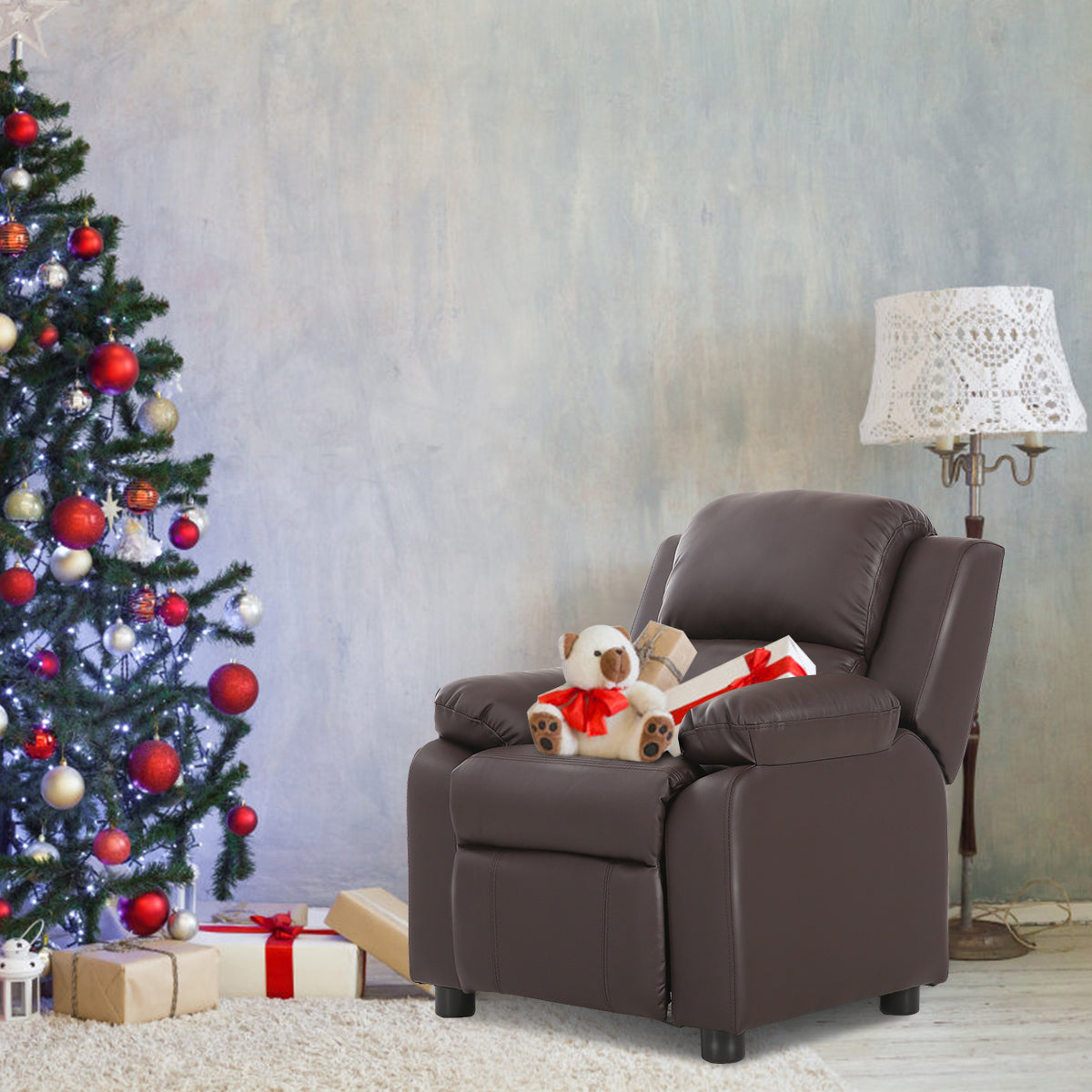 Kids Recliner Armchair with Storage Arms and Headrest