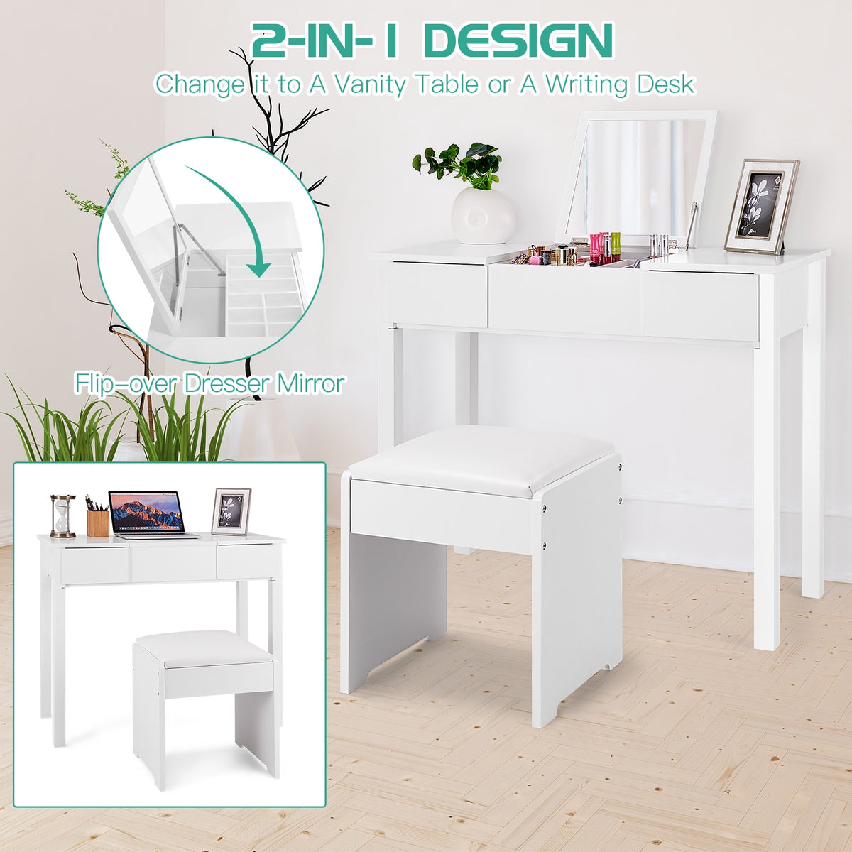 Makeup Vanity Table Set with Flip Top Mirror and Cushioned Stool