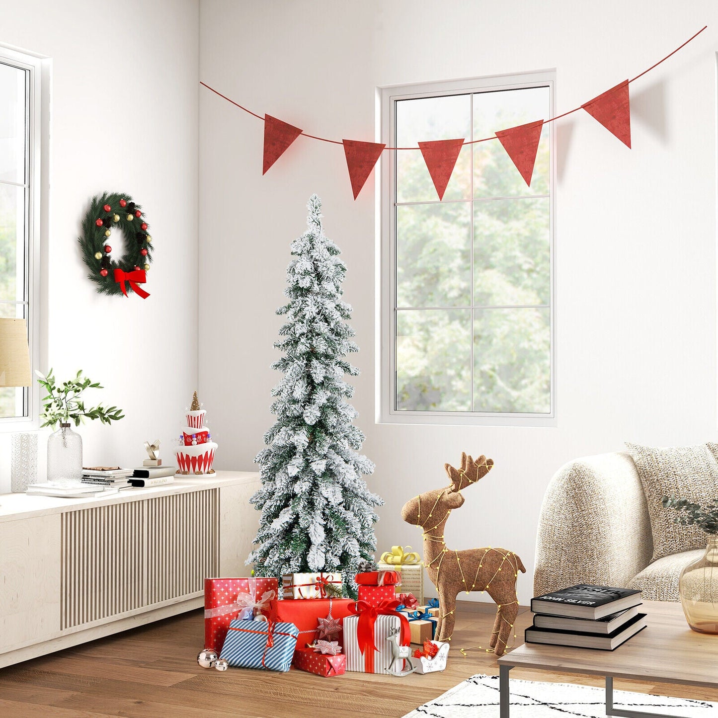 4/5/6 Feet Pre-Lit Artificial Christmas Tree Snow-Flocked Slim Pencil Xmas Decor-5 ft