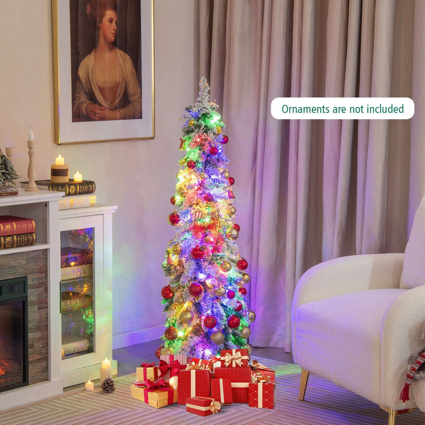 4/5/6 Feet Pre-Lit Artificial Christmas Tree Snow-Flocked Slim Pencil Xmas Decor-5 ft