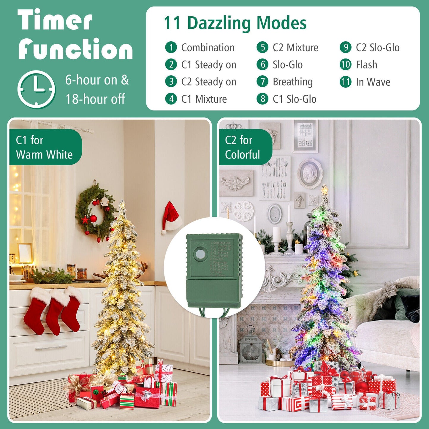 4/5/6 Feet Pre-Lit Artificial Christmas Tree Snow-Flocked Slim Pencil Xmas Decor-5 ft