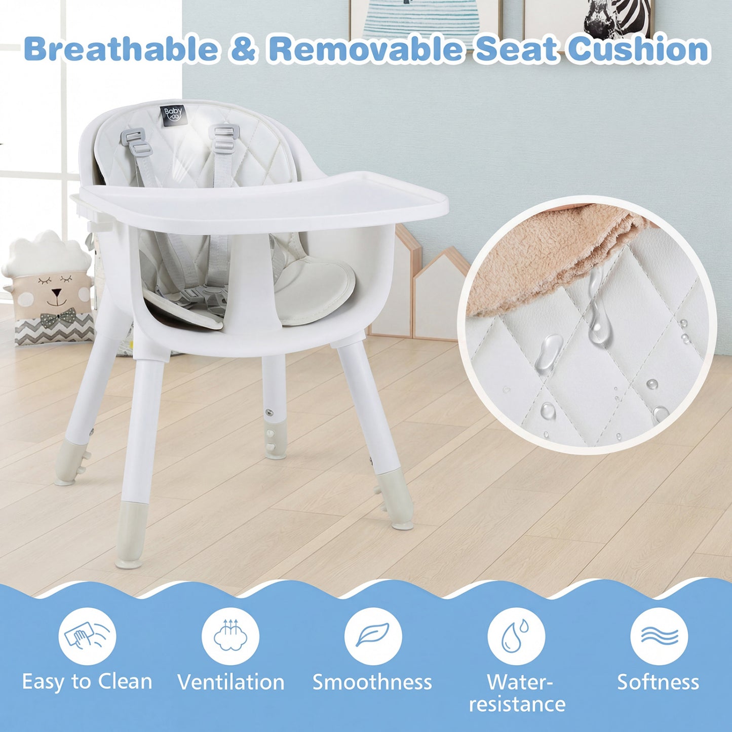 4-in-1 Convertible Baby High Chair with PU Cushion