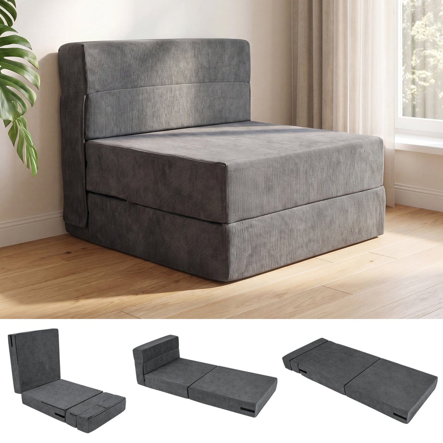 4-in-1 Folding Sofa Bed with Corduroy Cover and Smooth Zipper for Living Room