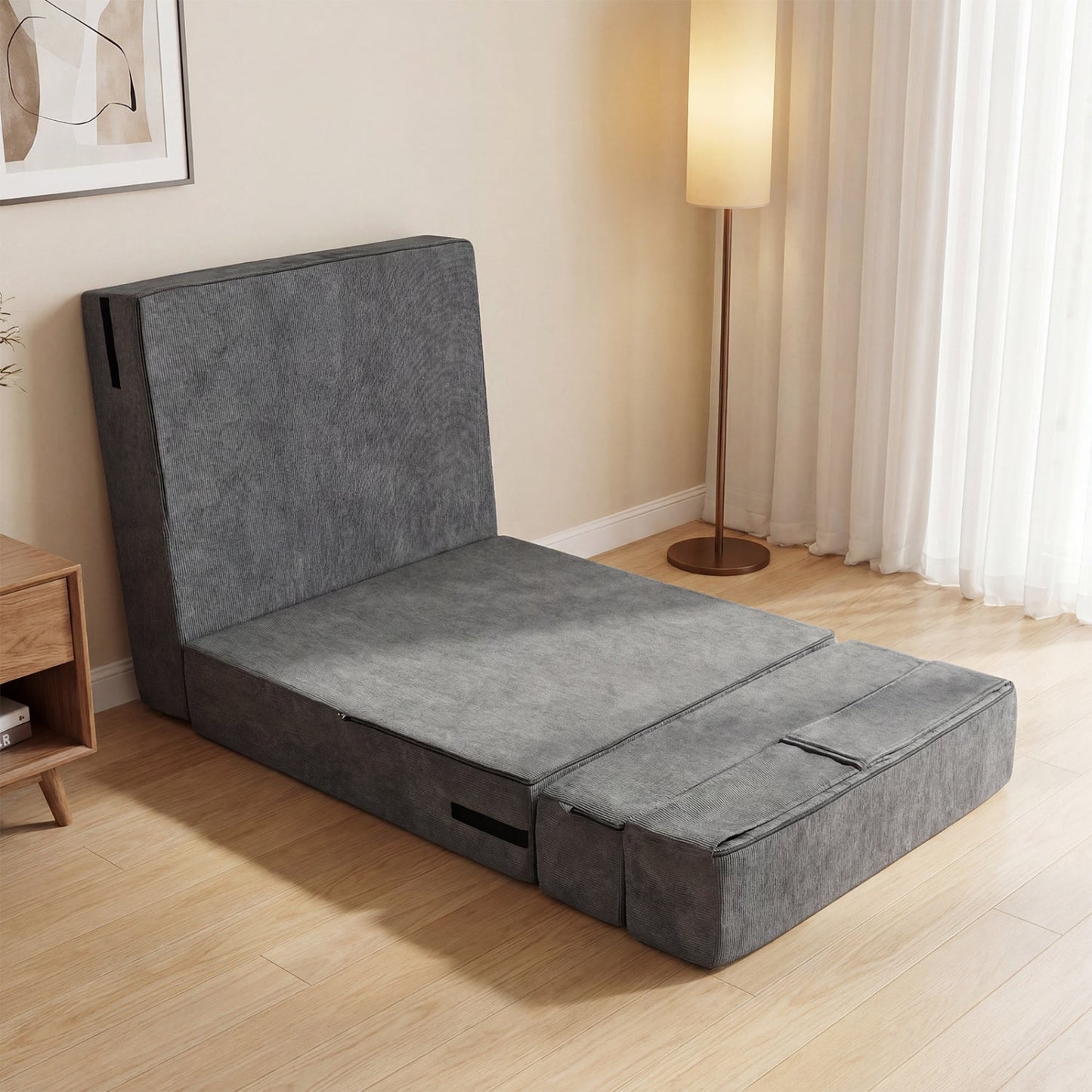 4-in-1 Folding Sofa Bed with Corduroy Cover and Smooth Zipper for Living Room