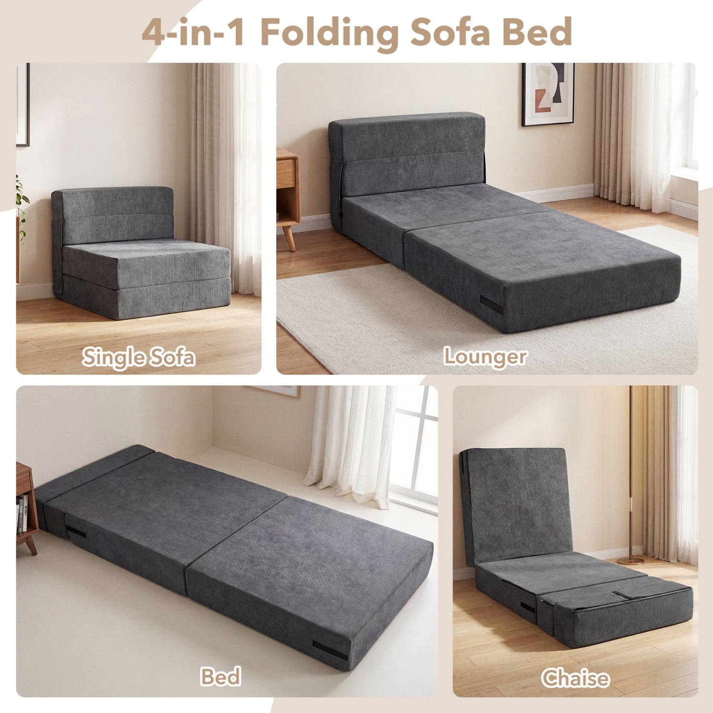 4-in-1 Folding Sofa Bed with Corduroy Cover and Smooth Zipper for Living Room
