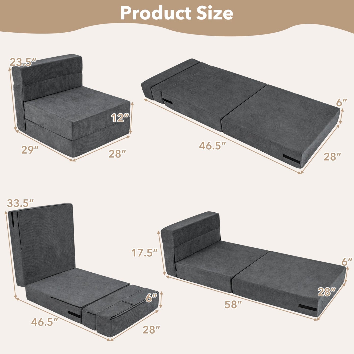 4-in-1 Folding Sofa Bed with Corduroy Cover and Smooth Zipper for Living Room