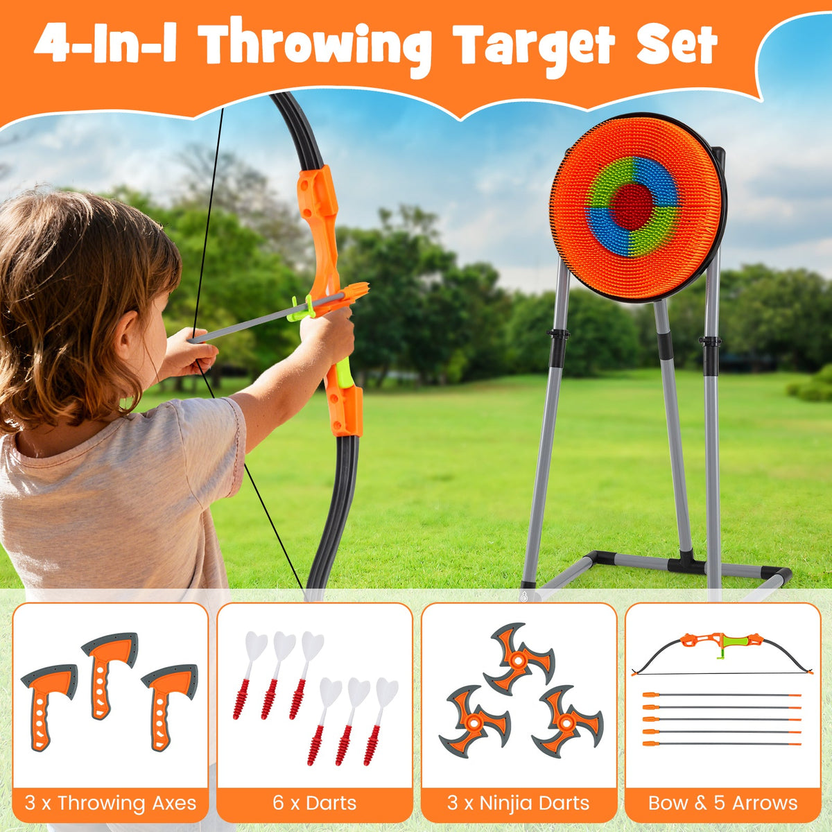 4 in 1 Throwing Target Set Kids Throwing Game with Bristle Target and 3 Throwing axes