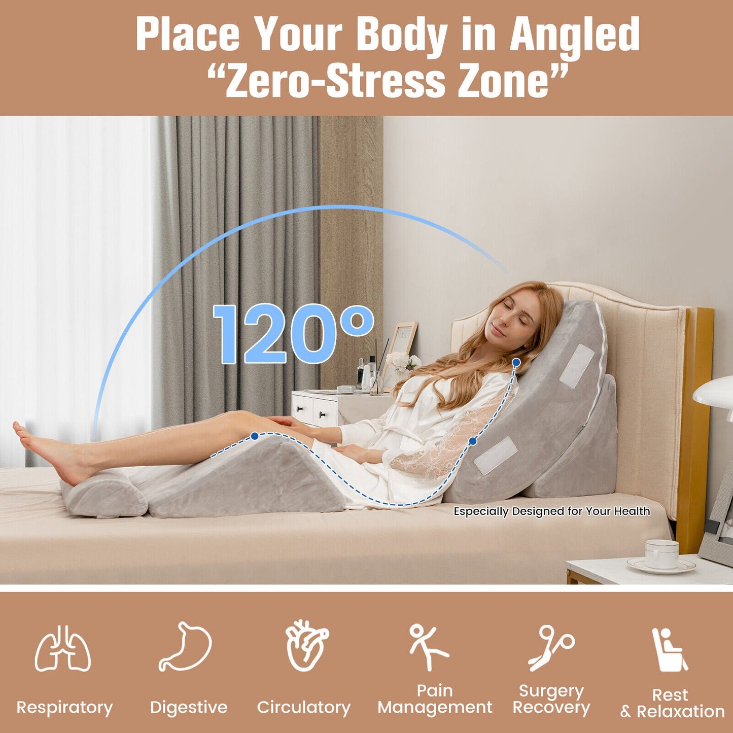 4 Pieces Bed Wedge Pillow for Back Neck and Leg Pain Relief-Gray