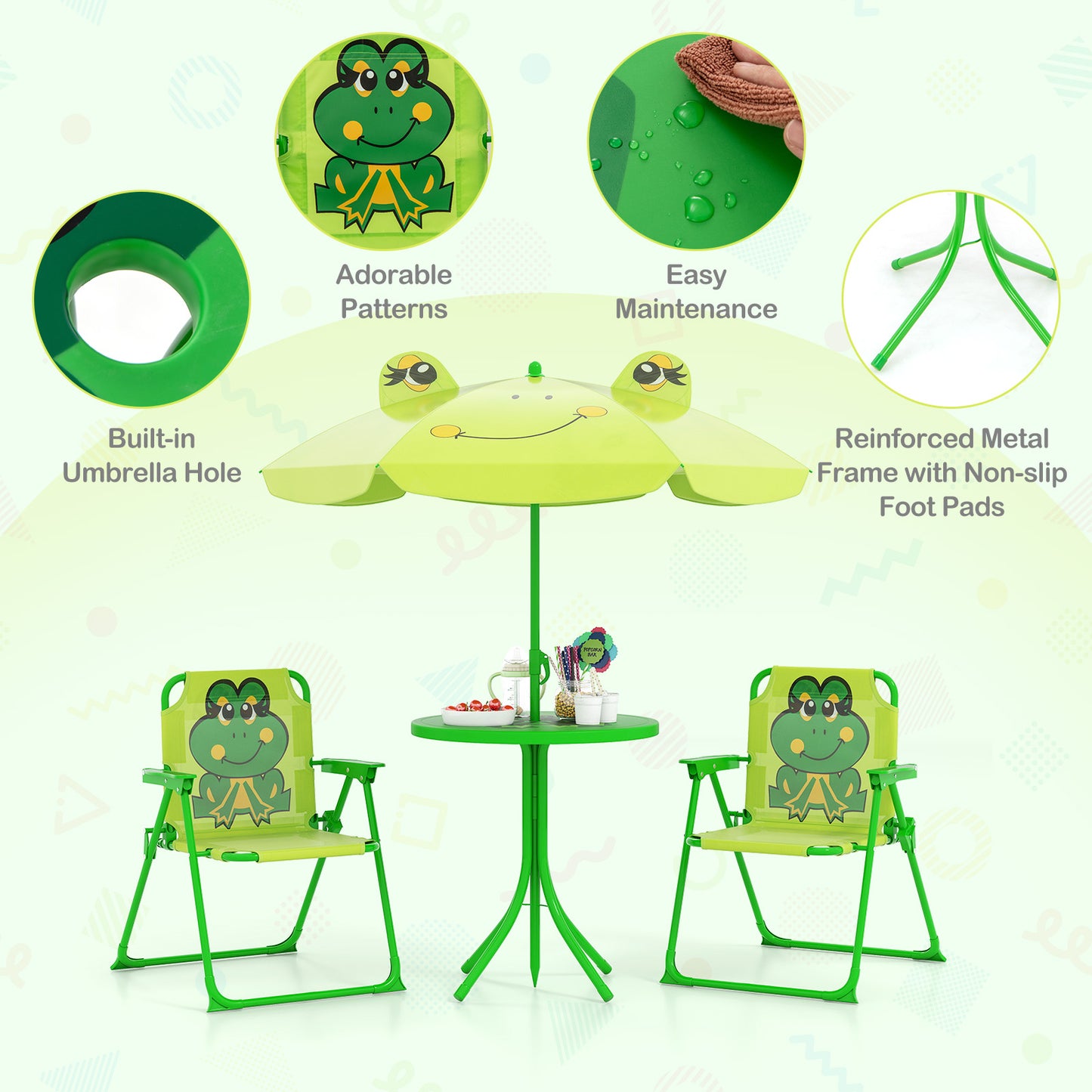 Kids Picnic Table Set with Folding Chairs and Umbrella