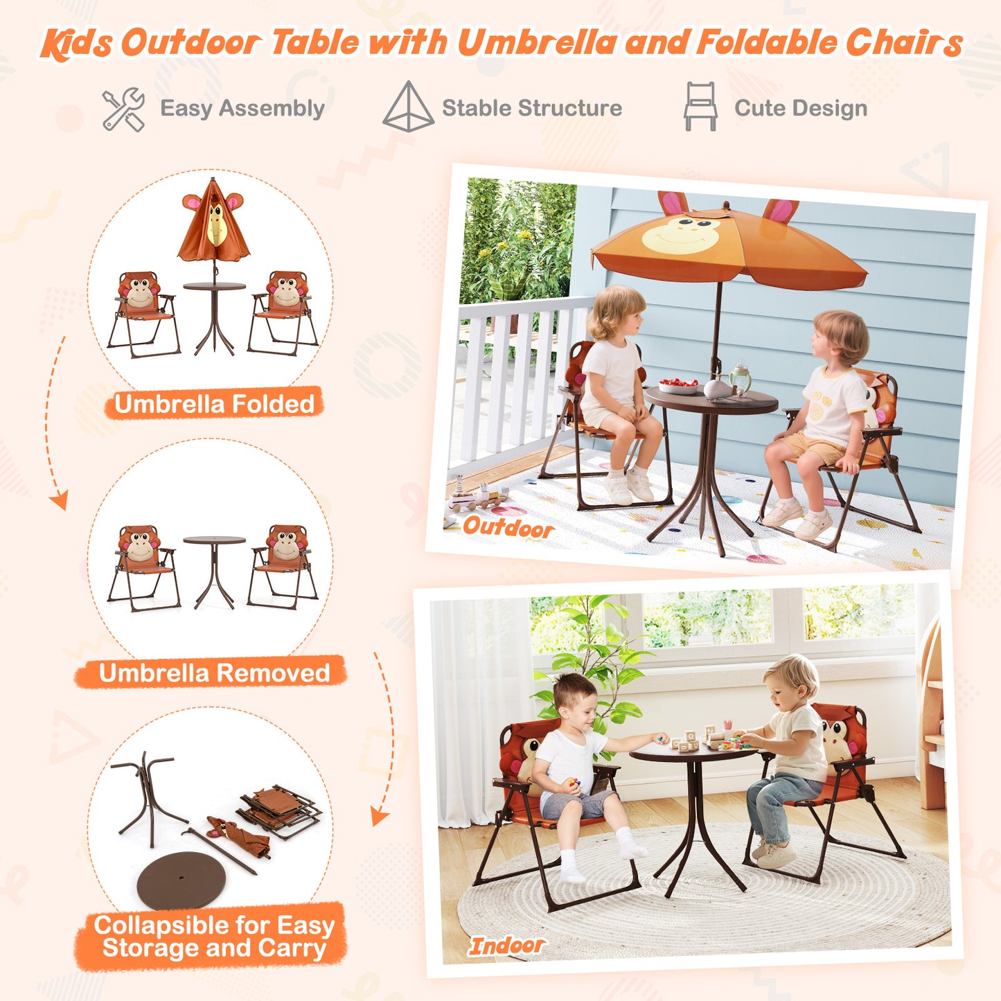 Kids Picnic Table Set with Folding Chairs and Umbrella