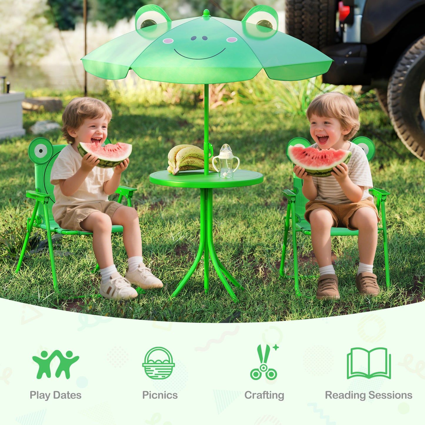 Kids Picnic Table Set with Folding Chairs and Umbrella