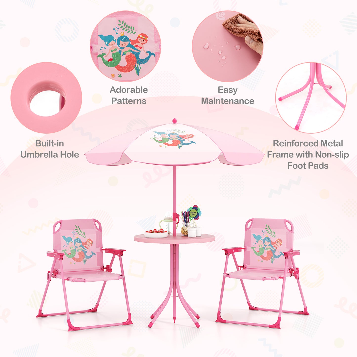 Kids Picnic Table Set with Folding Chairs and Umbrella