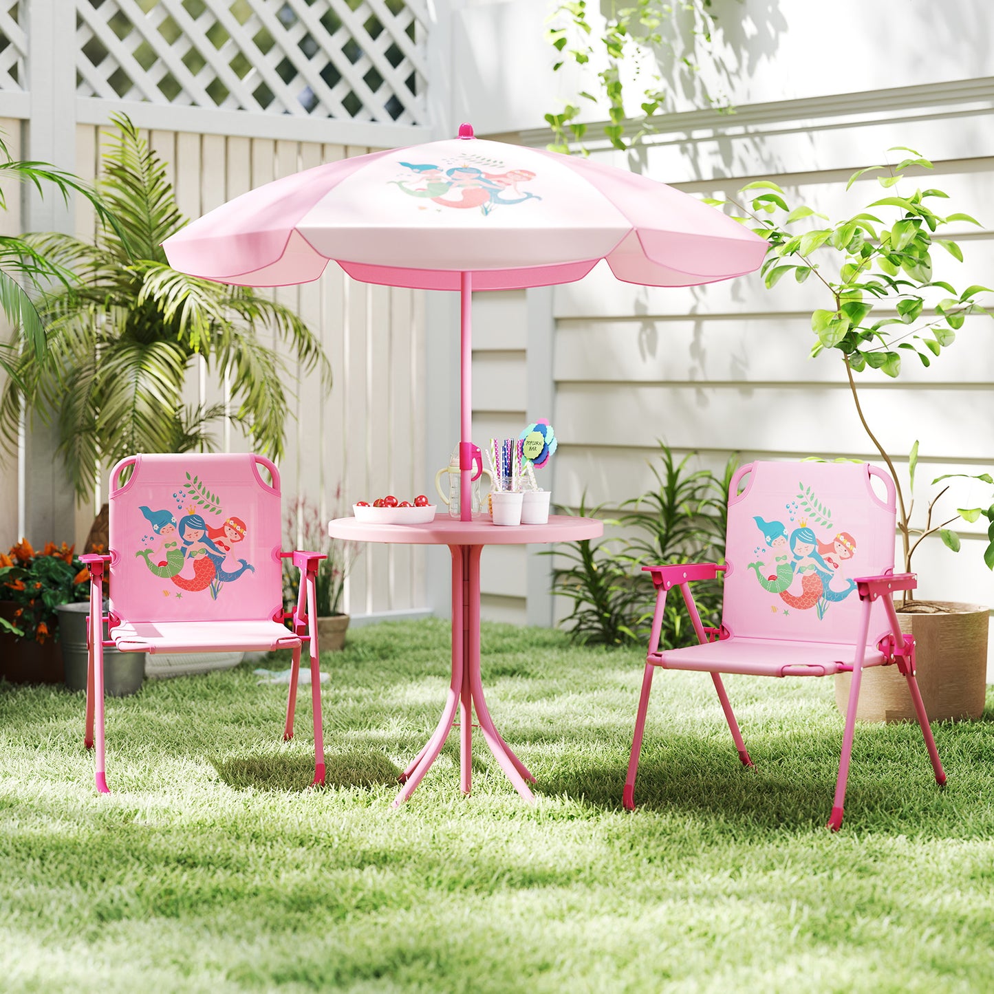 Kids Picnic Table Set with Folding Chairs and Umbrella
