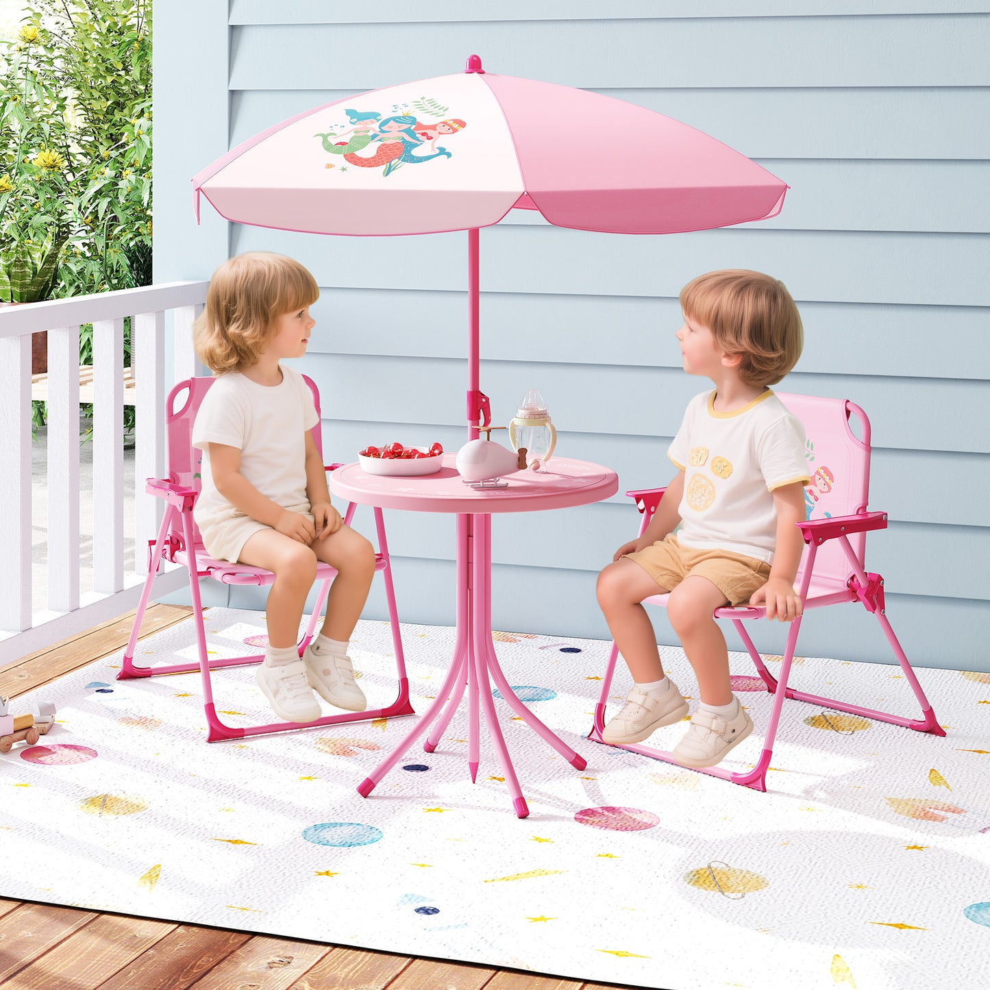 Kids Picnic Table Set with Folding Chairs and Umbrella