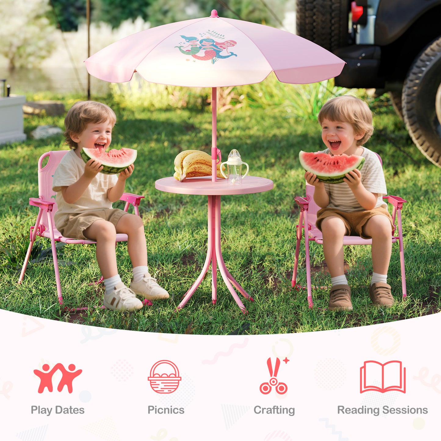 Kids Picnic Table Set with Folding Chairs and Umbrella