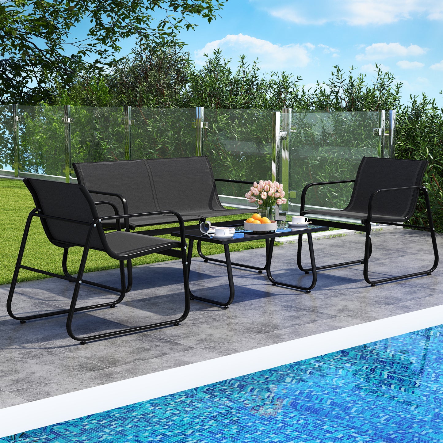 4-Piece Patio Conversation Set with Loveseat and Glass Table