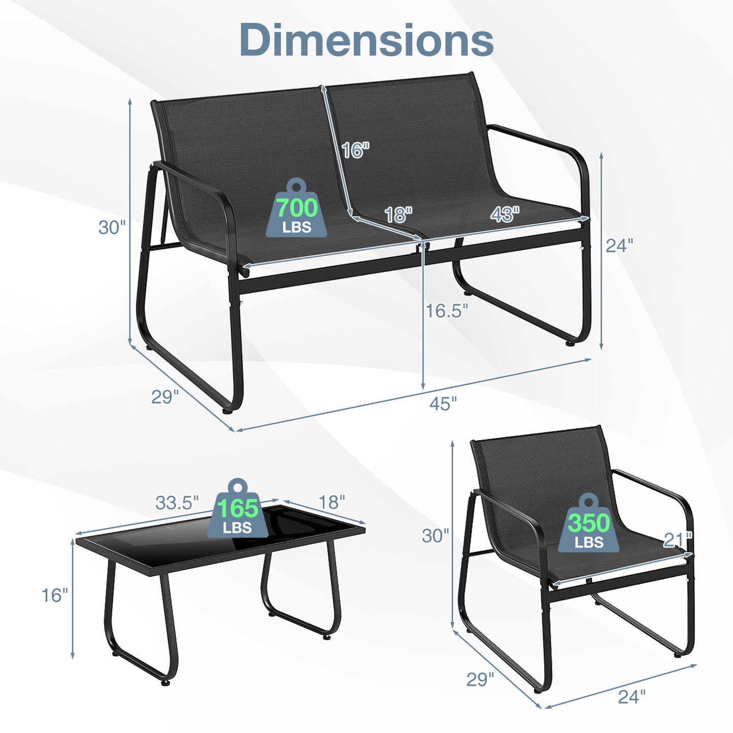 4-Piece Patio Conversation Set with Loveseat and Glass Table