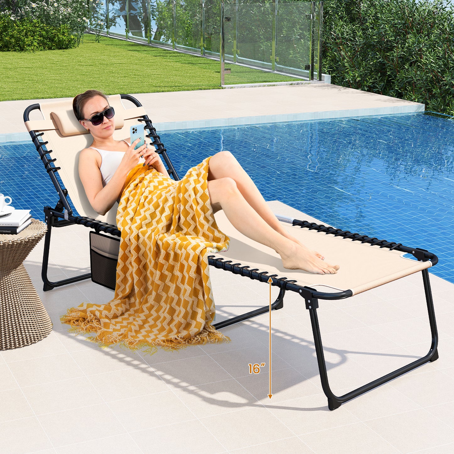 4-Position Folding Chaise Lounge with Adjustable Backrest