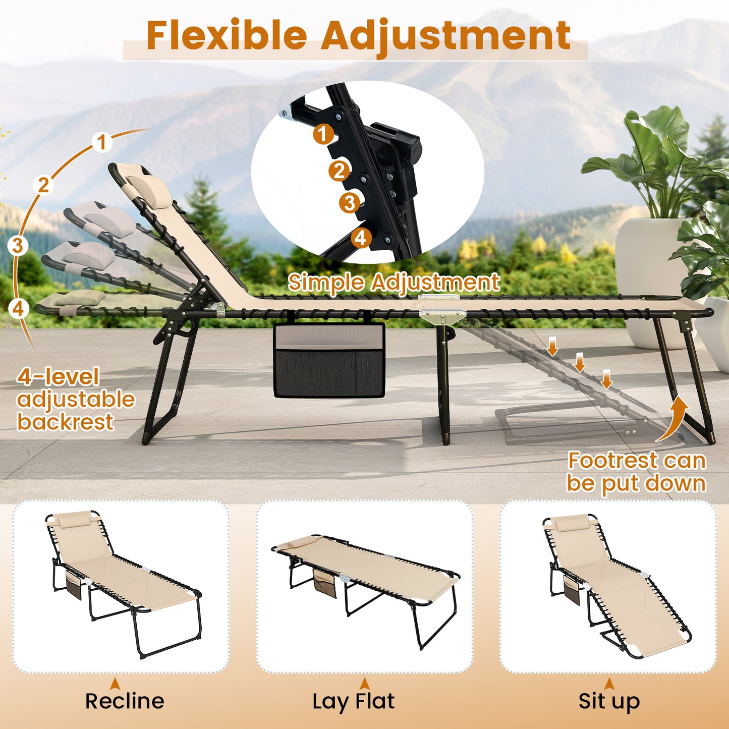 4-Position Folding Chaise Lounge with Adjustable Backrest