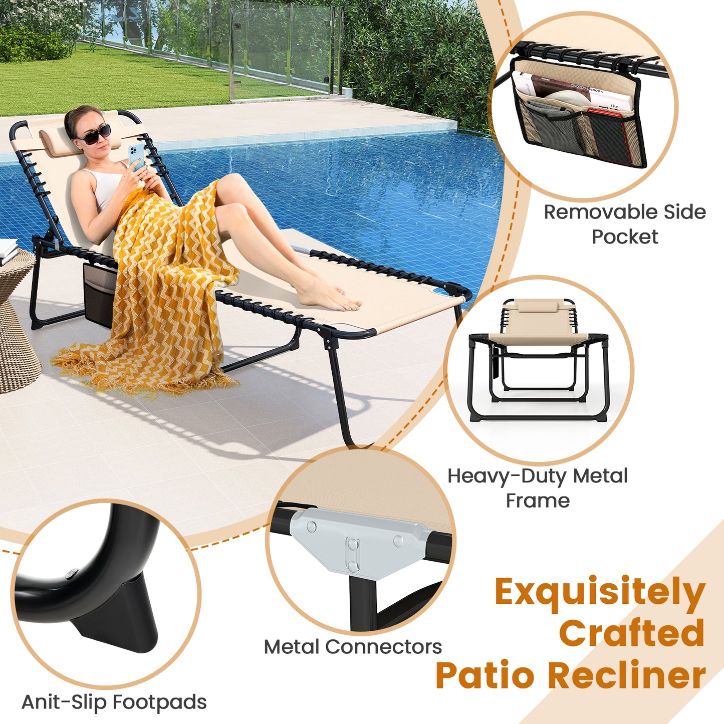 4-Position Folding Chaise Lounge with Adjustable Backrest