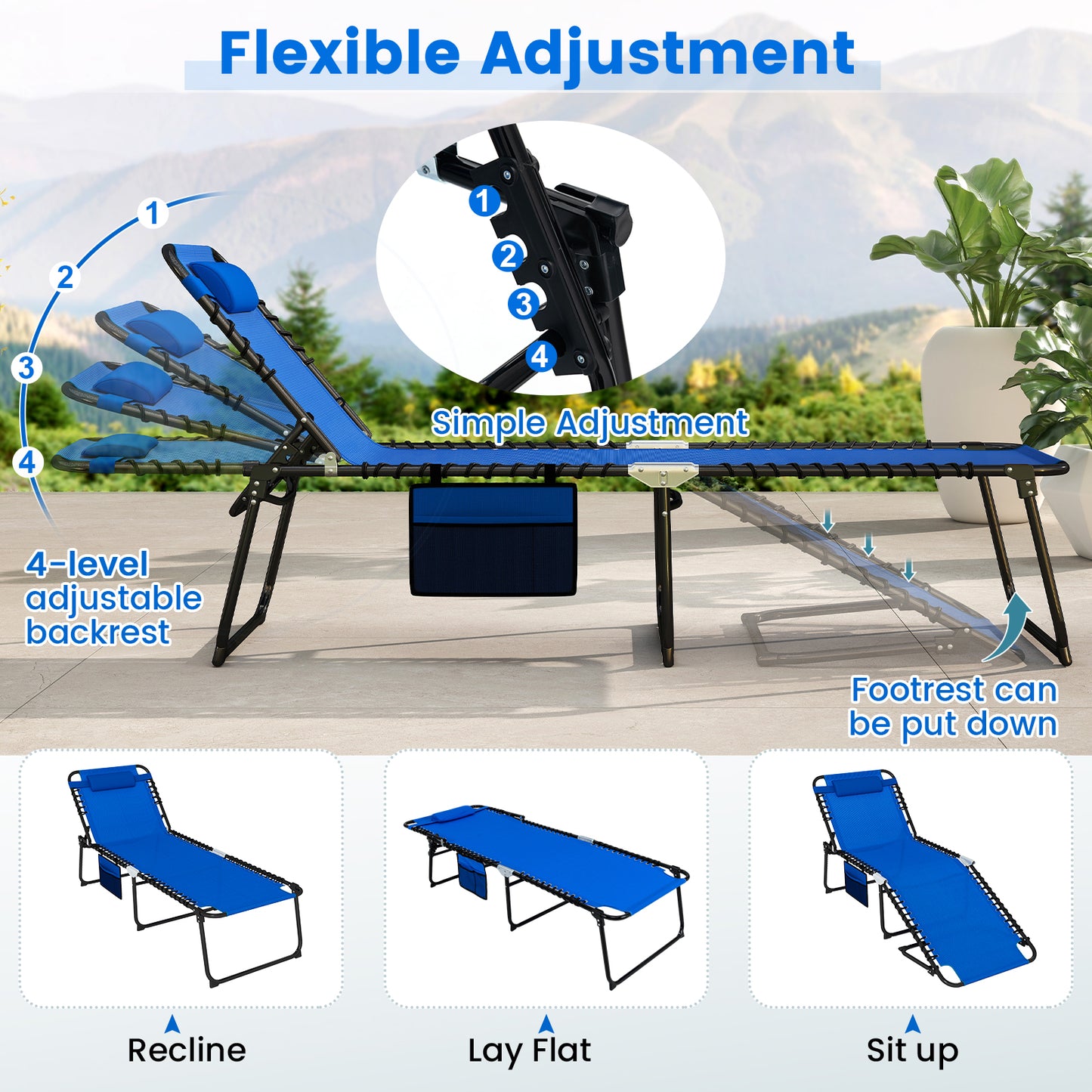 4-Position Folding Chaise Lounge with Adjustable Backrest