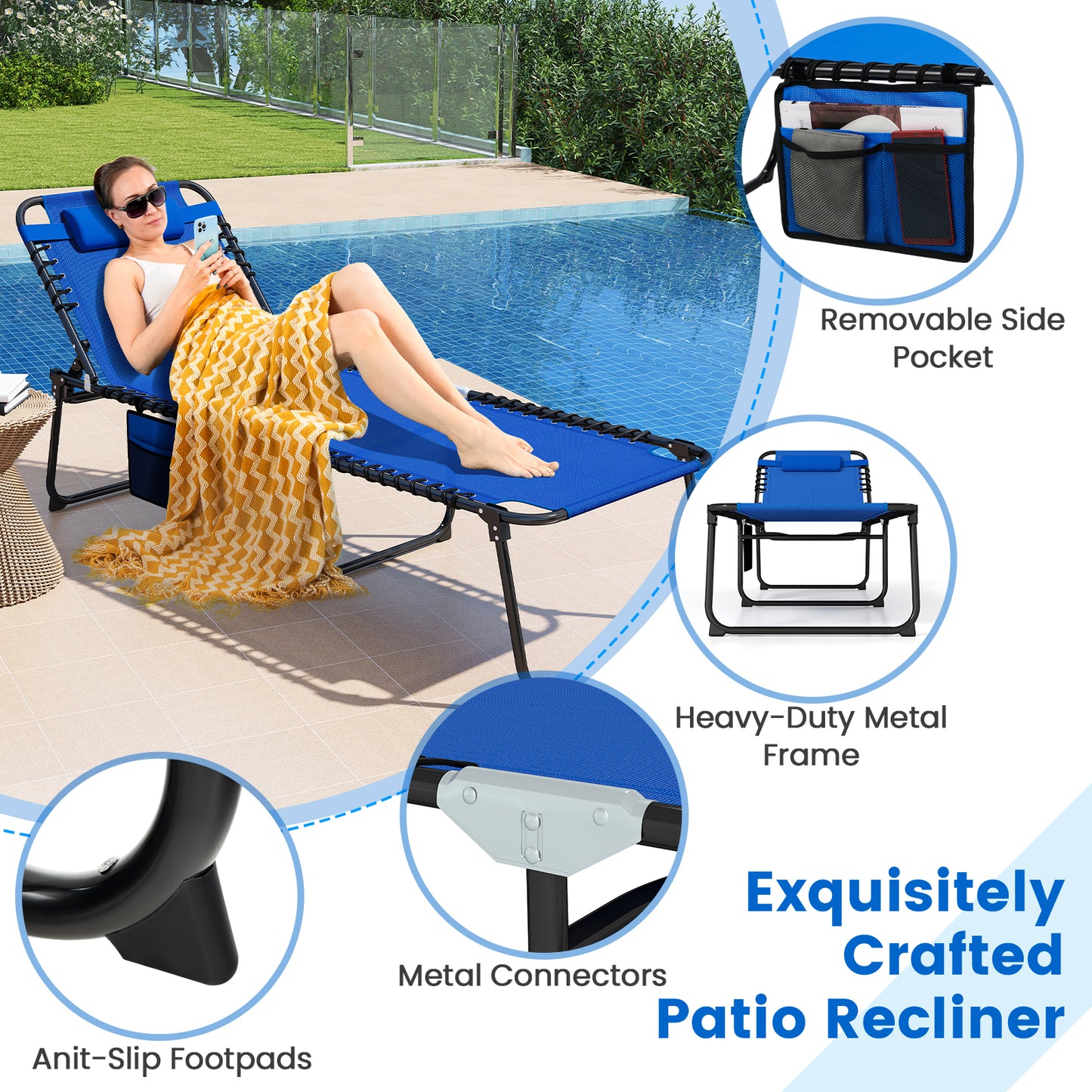 4-Position Folding Chaise Lounge with Adjustable Backrest