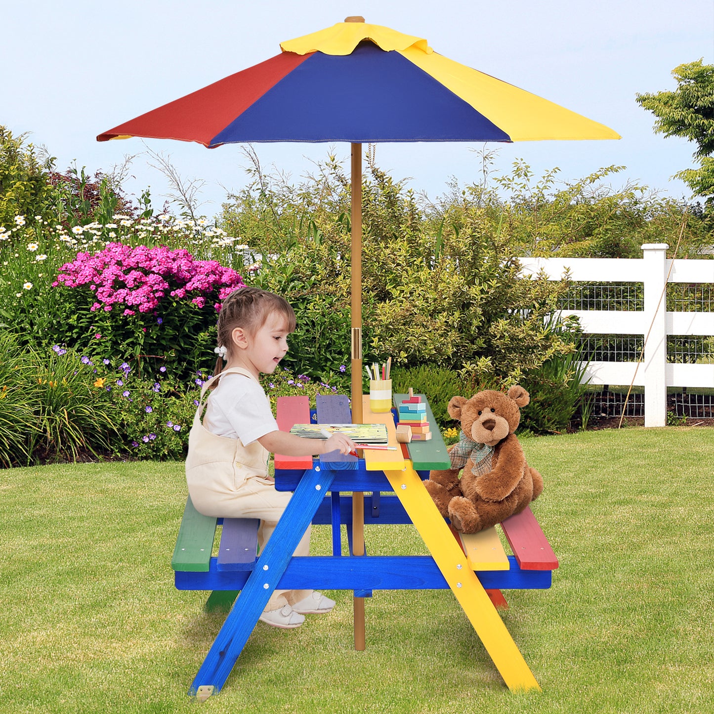 Kids Picnic Table with Umbrella - 4 Seat Outdoor Bench Set