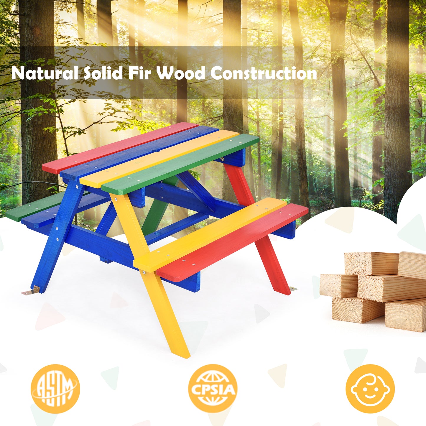Kids Picnic Table with Umbrella - 4 Seat Outdoor Bench Set
