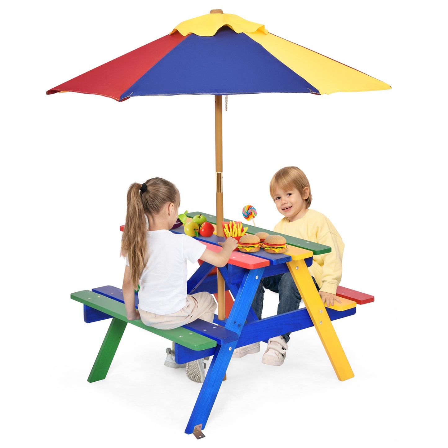Kids Picnic Table with Umbrella - 4 Seat Outdoor Bench Set