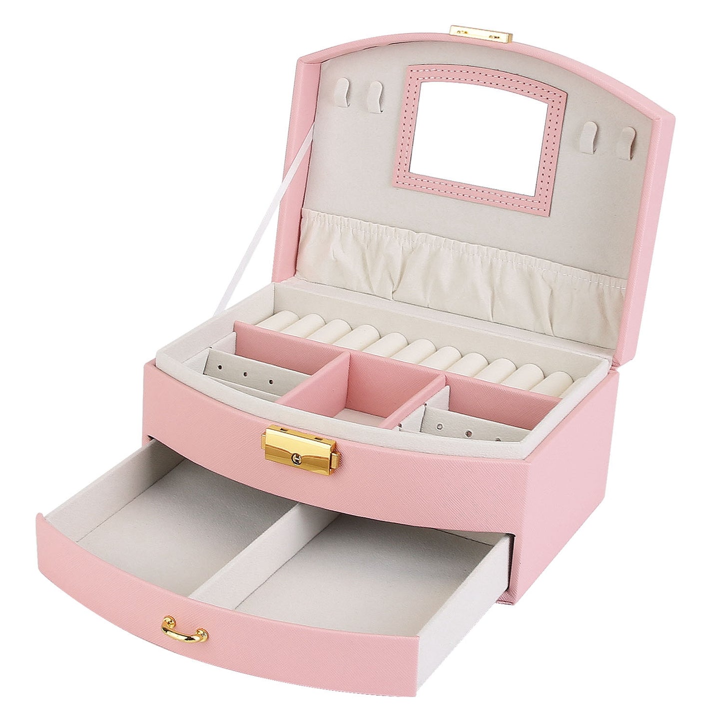 2-Layer Lockable Jewelry Box with Travel Handle & Mirror