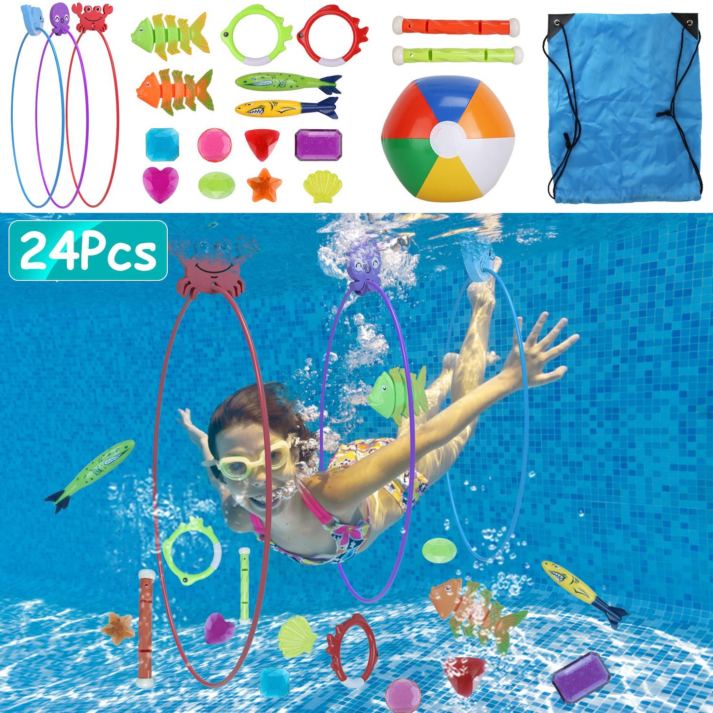 Swimming Pool Diving Toys Set - 24 Pieces with Storage Bag