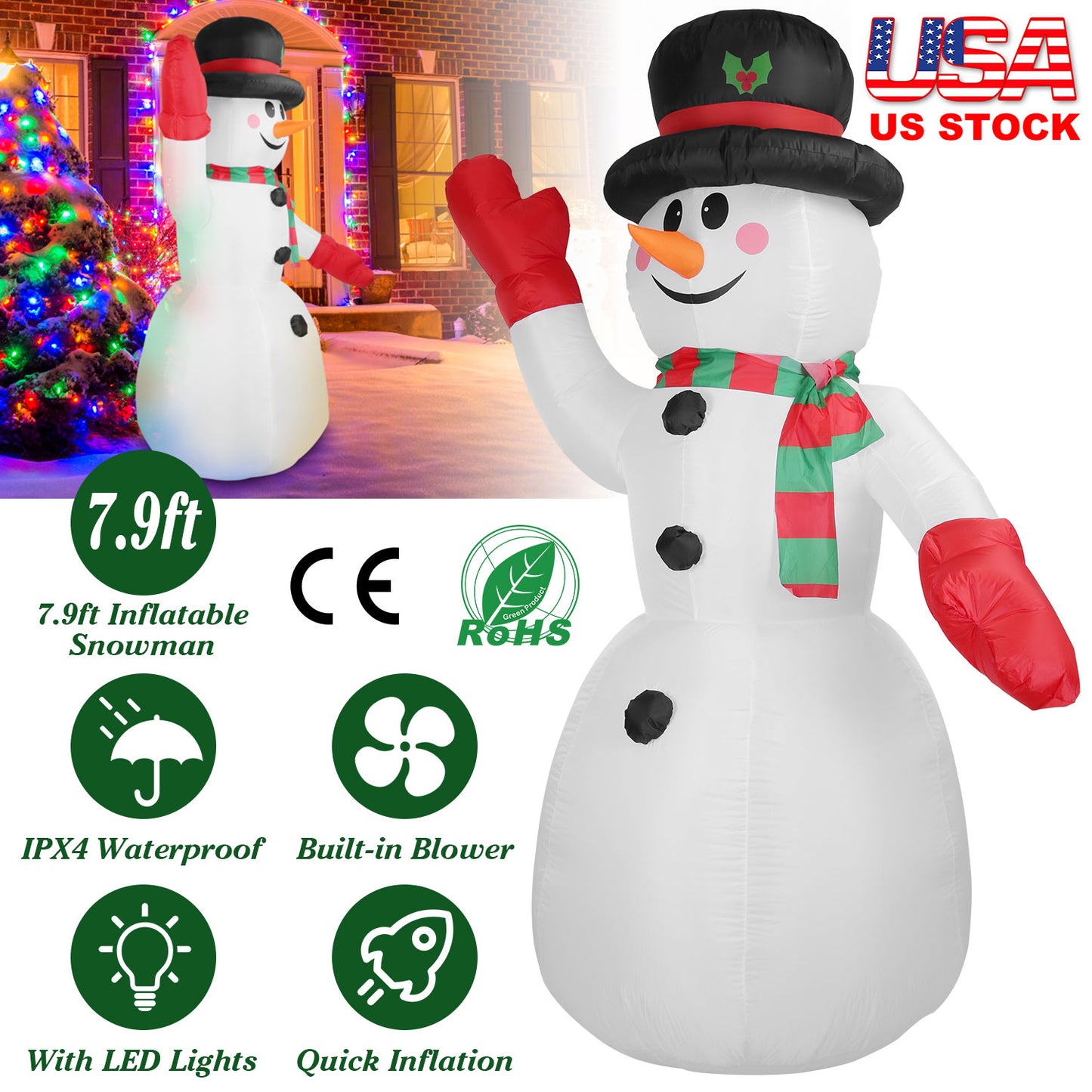 7.9ft Inflatable Christmas Snowman with LED Lights
