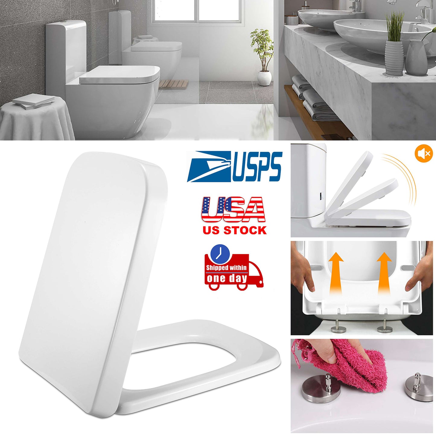 Square Toilet Seat with Quiet-Close and Quick-Release