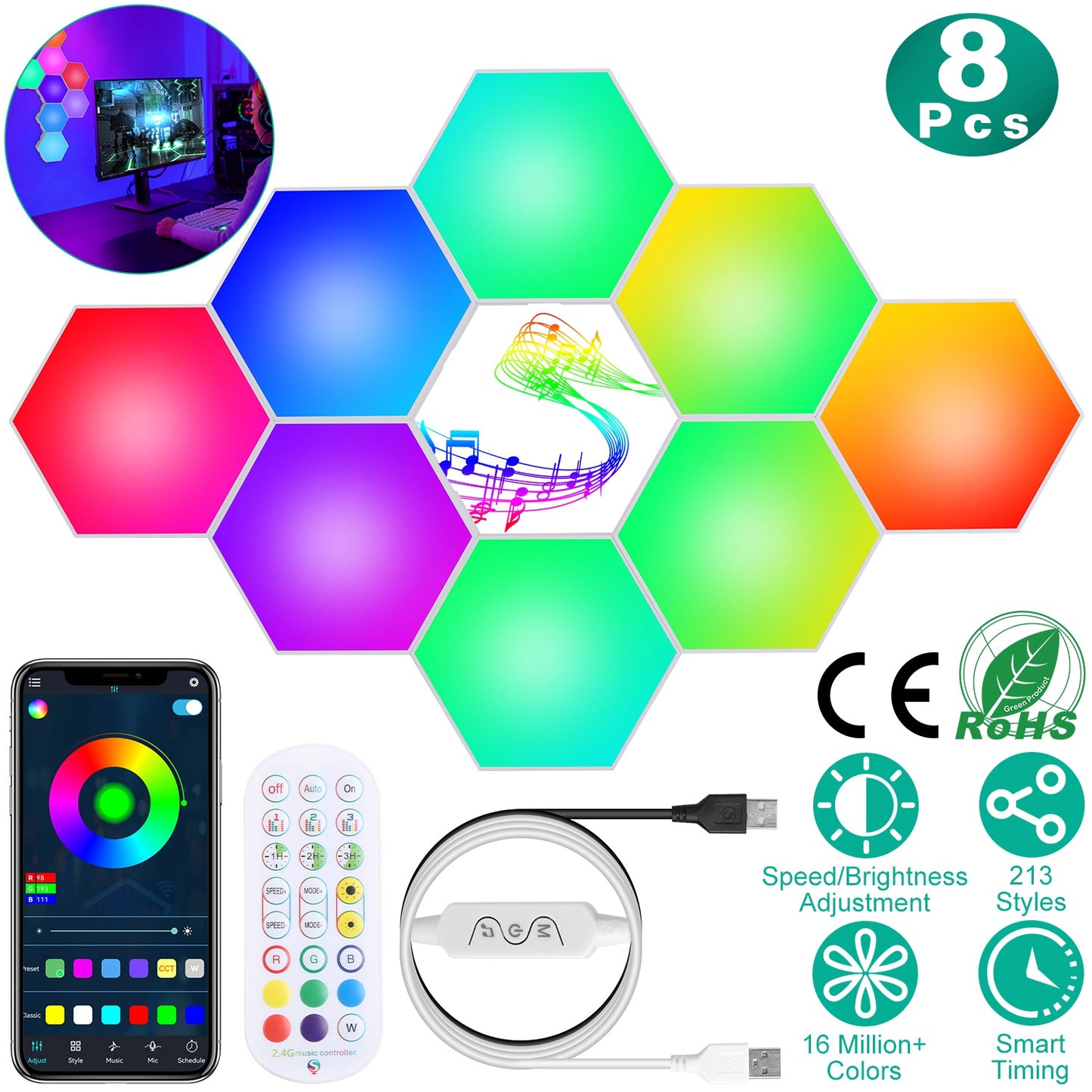Hexagon Light Panels 8-Pack RGBW Smart LED Wall Lights