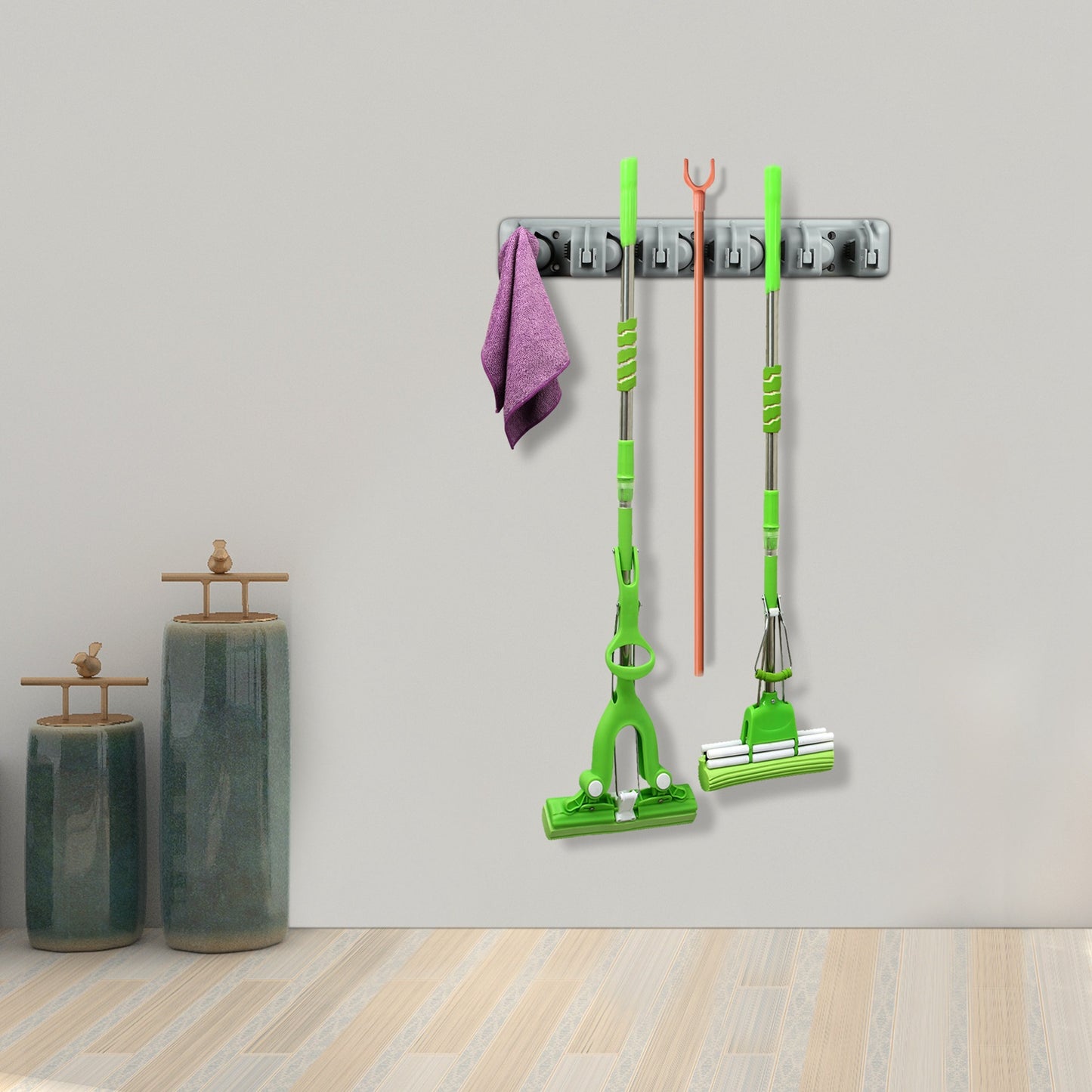 Wall Mount Mop Holder with 5 Slots and 6 Hooks