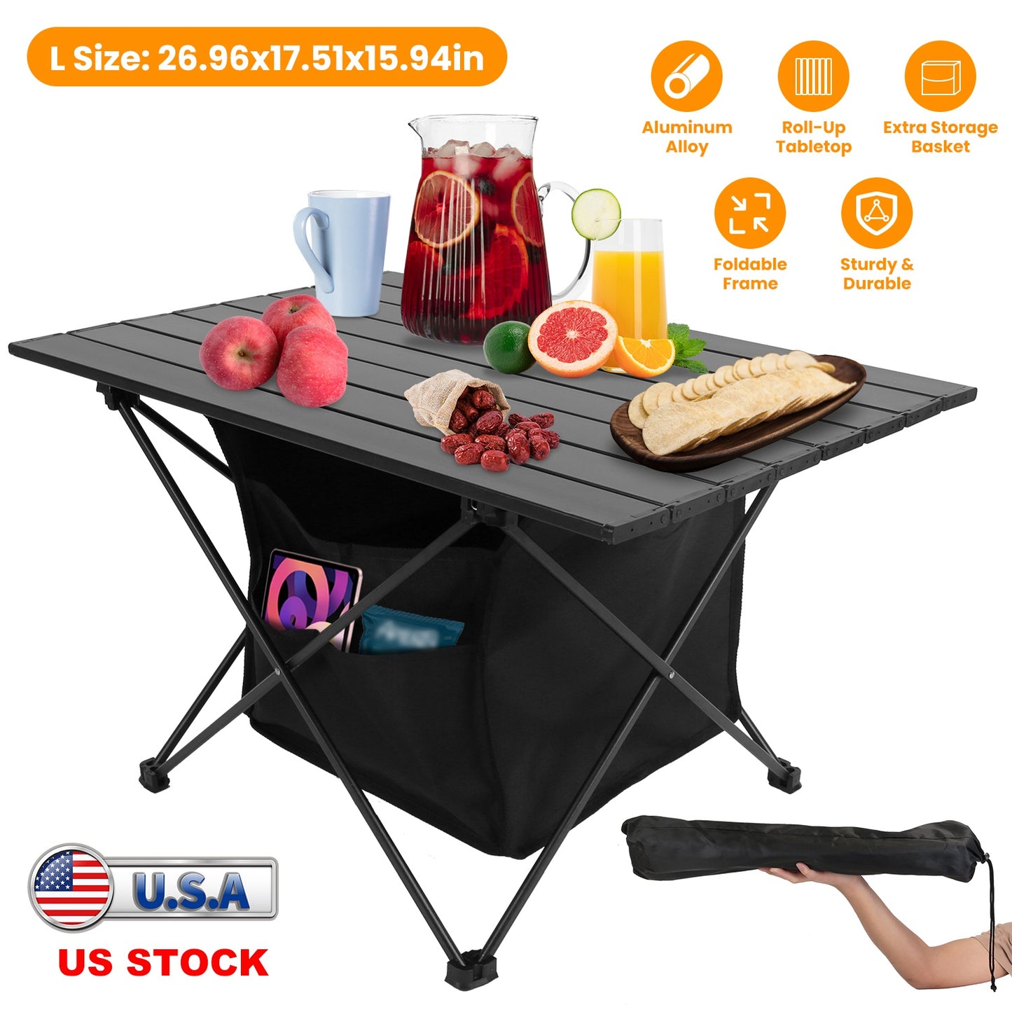 Foldable Camping Table with Storage Basket and Carrying Bag