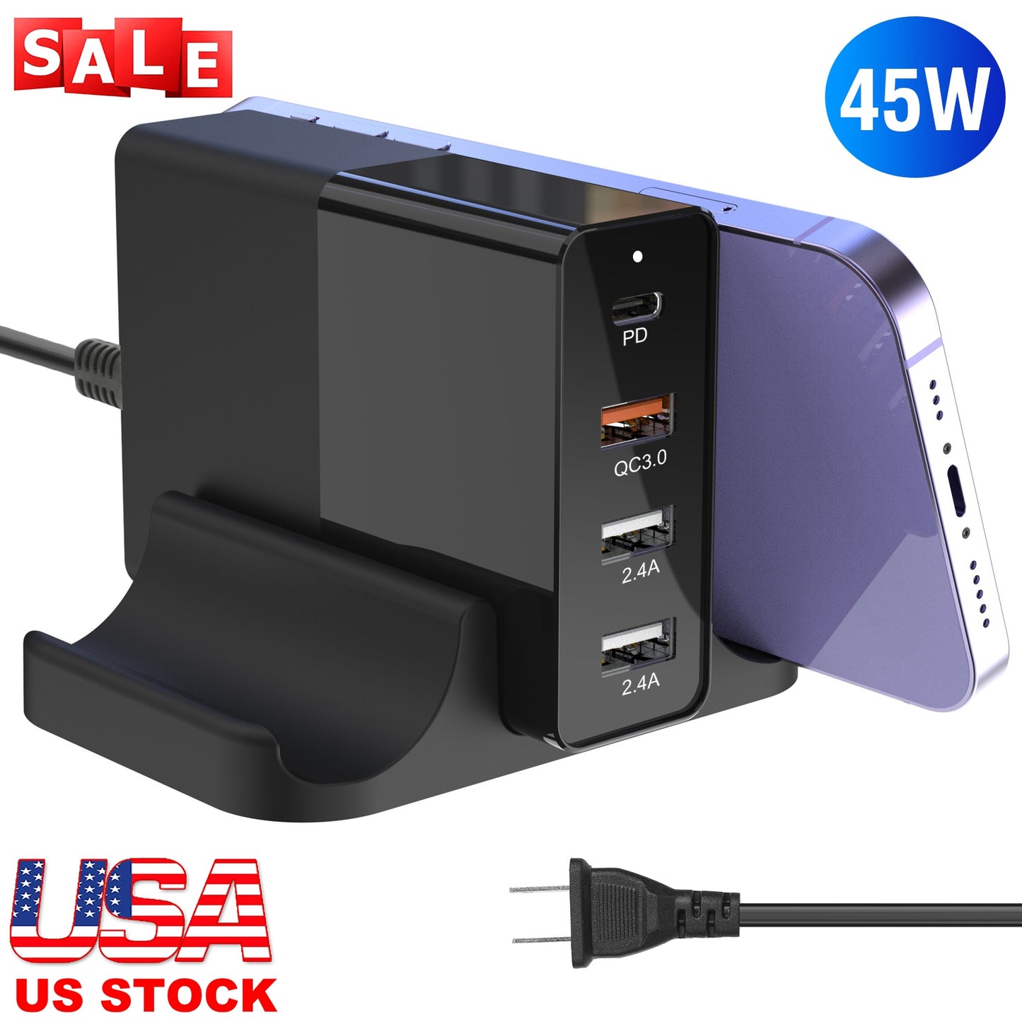 45W 4-Port USB Fast Charger with Type-C and USB-A Ports