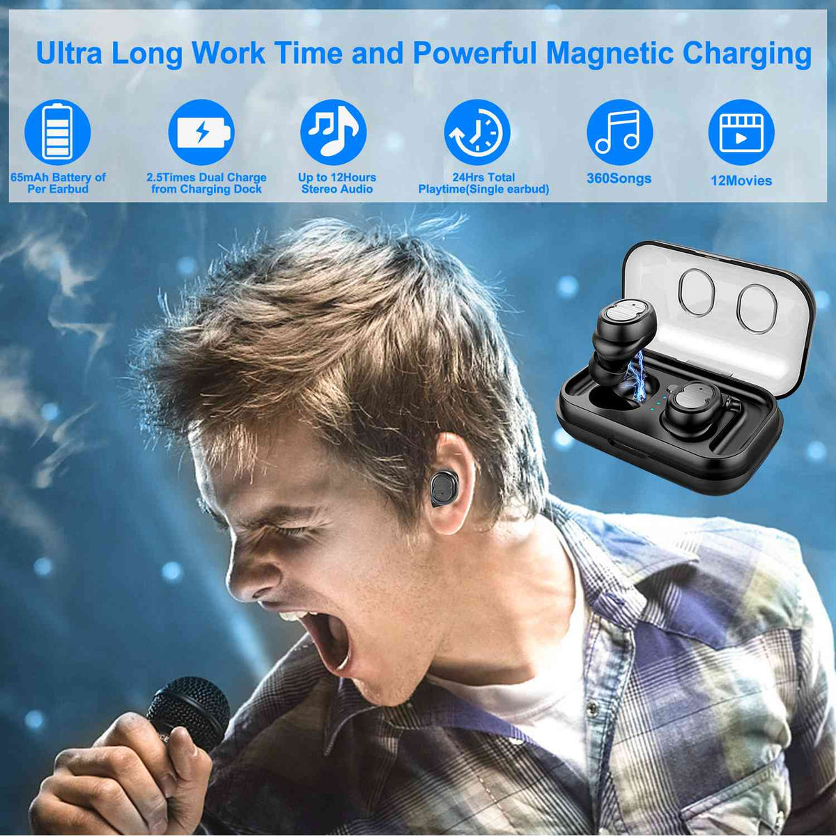 TWS Wireless 5.0 Earbuds IPX4 Touch In-Ear Stereo Earphone Noise Canceling Earpieces 32.8 ft Transmission Range w/Mic 500mAh Magnetic Charging Dock