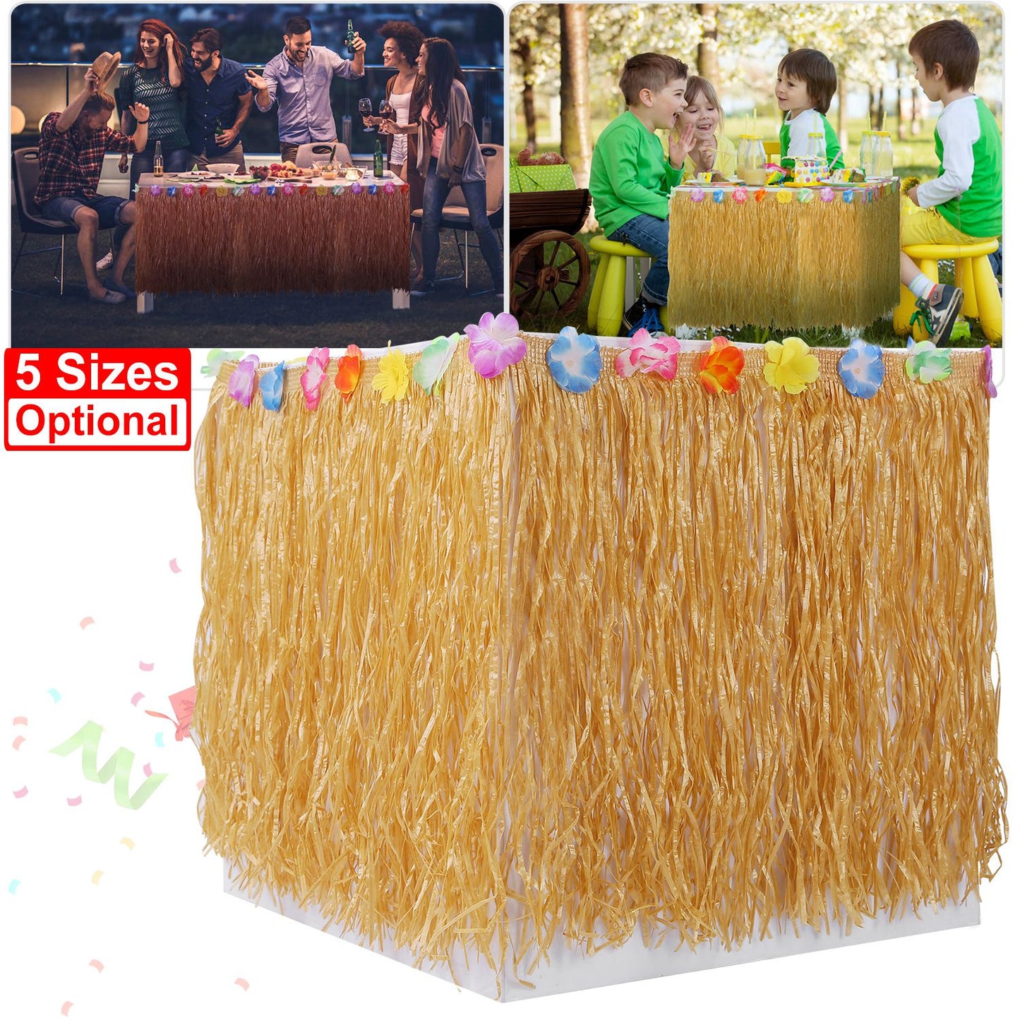 Grass Table Skirt with Hibiscus Flowers for Luau Party