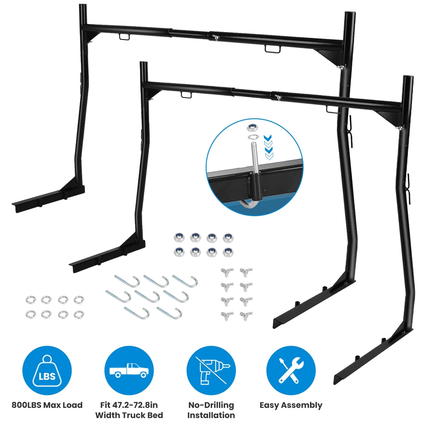 Extendable Truck Ladder Rack 800lbs Capacity No-Drill Install