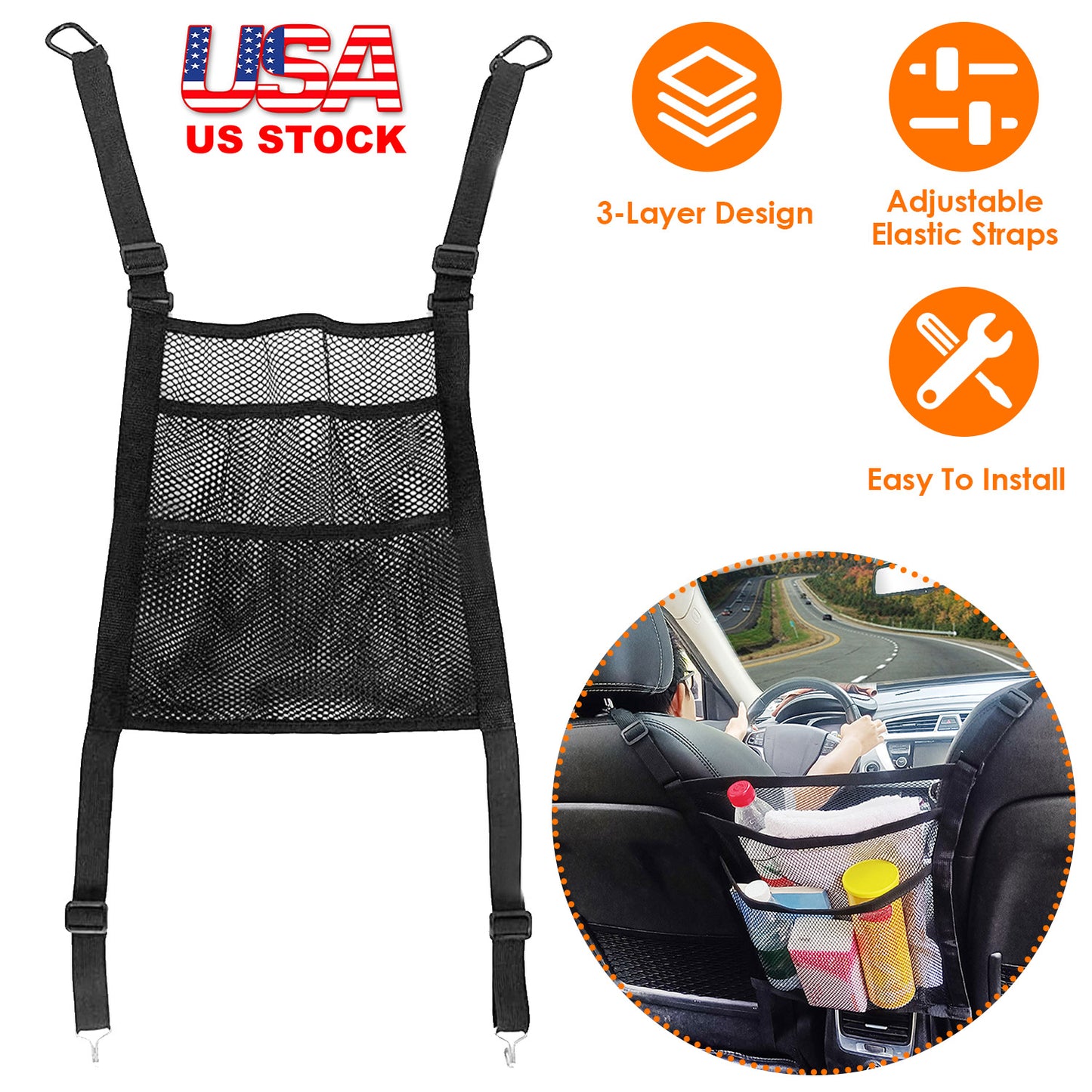 Car Mesh Organizer 3-Layer Seat Back Storage Net with Pet Barrier