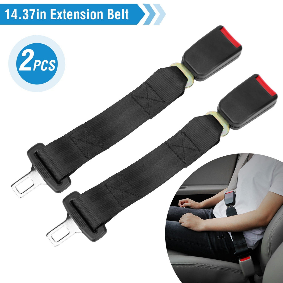 2Pcs Car Seat Belt Extender 14.37in Buckle Tongue Webbing Extension Safety Belt Auto Belt Clip Lengthening