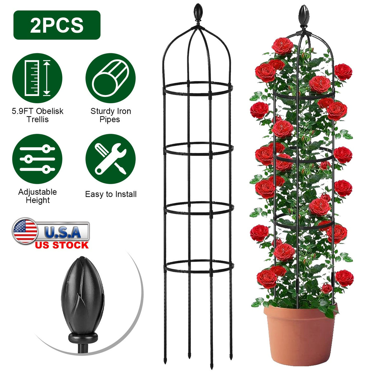 2 Packs Garden Obelisk Trellis 5.9FT Plants Tower for Climbing Plants Flower Vegetable Vine Support Rustproof Garden Plant Trellis Black