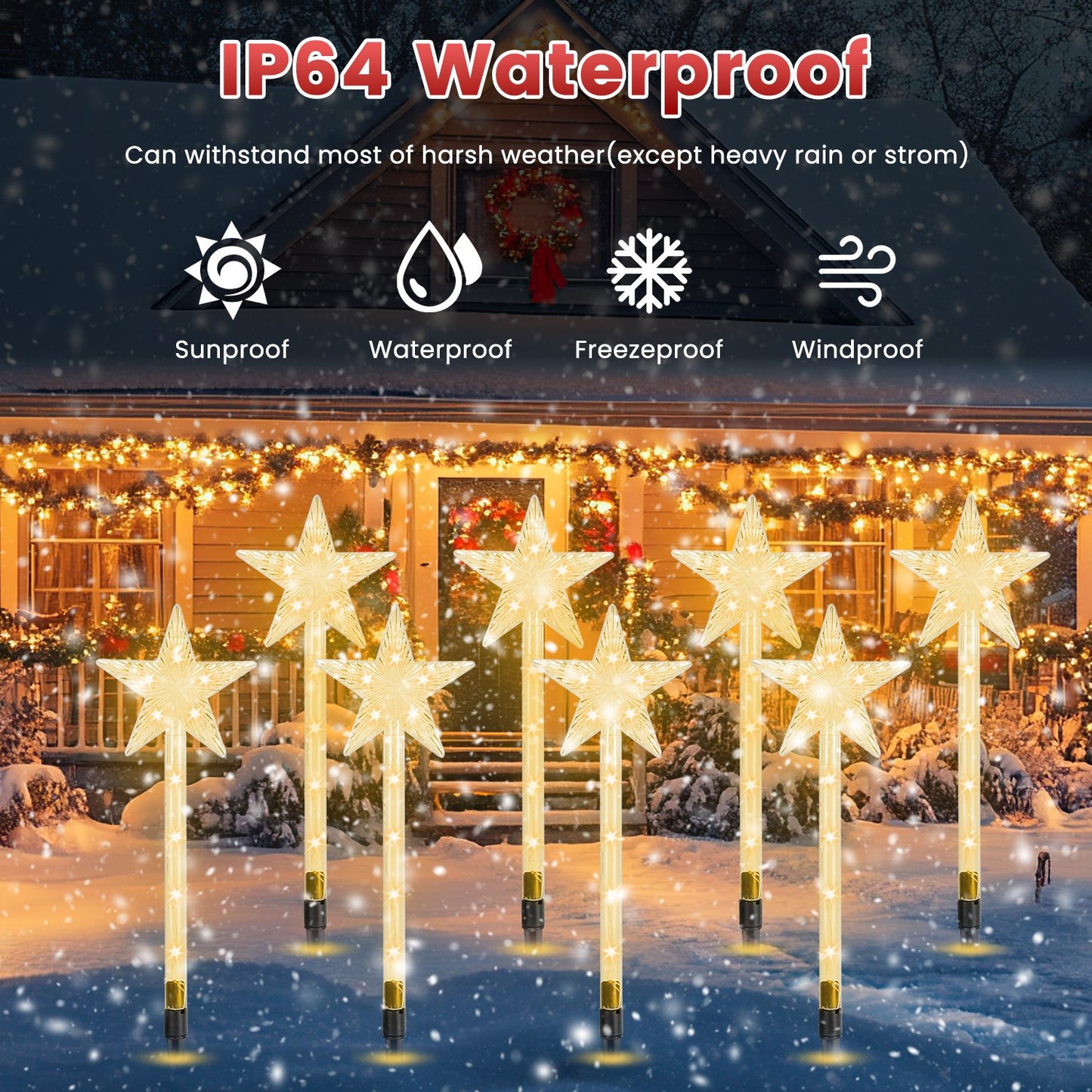 Solar Christmas Star Stake Lights 8-Pack with 8 Lighting Modes