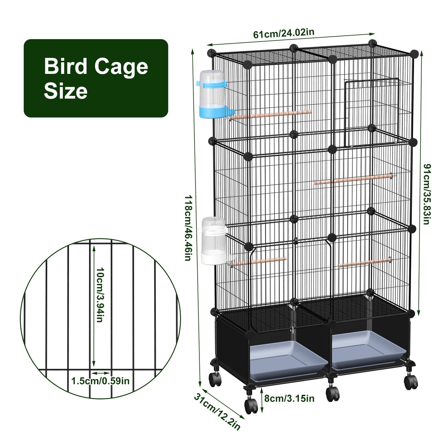 46in Bird Cage with Wooden Perches and Lockable Wheels