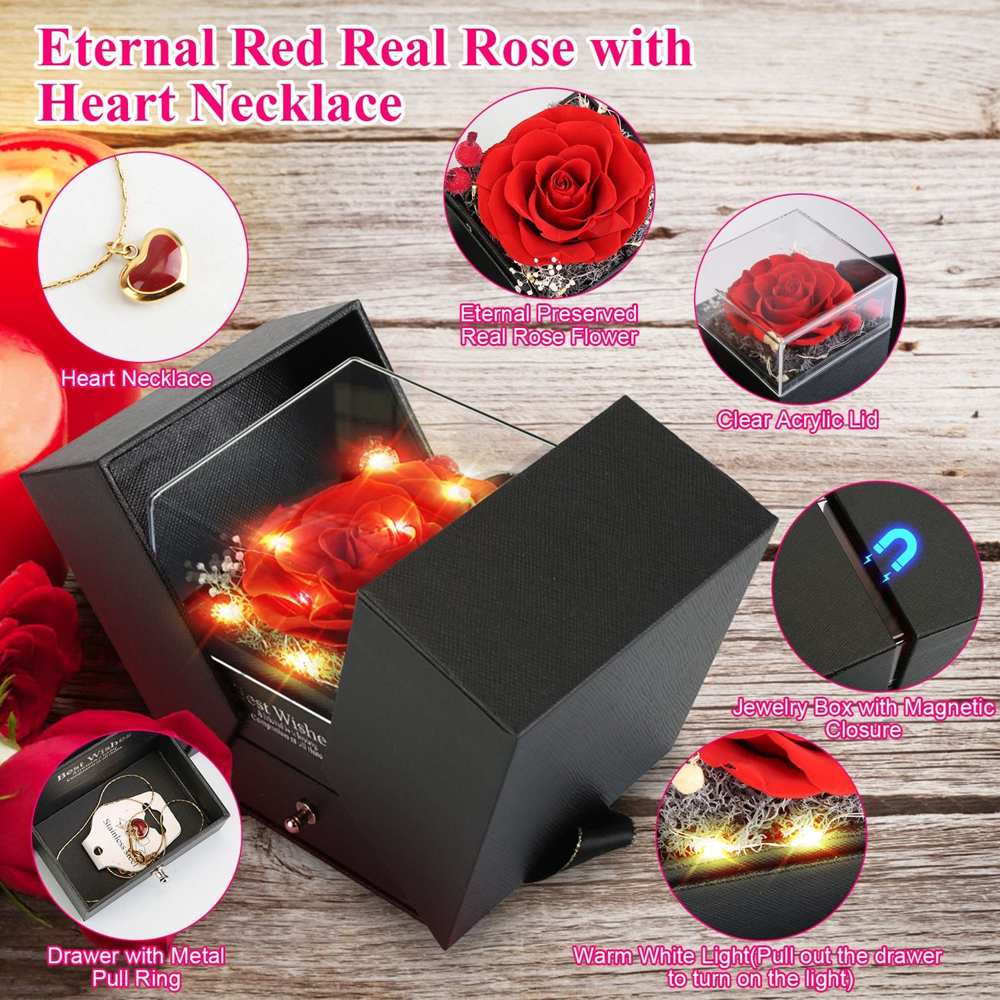 Preserved Red Real Rose with Heart Necklace